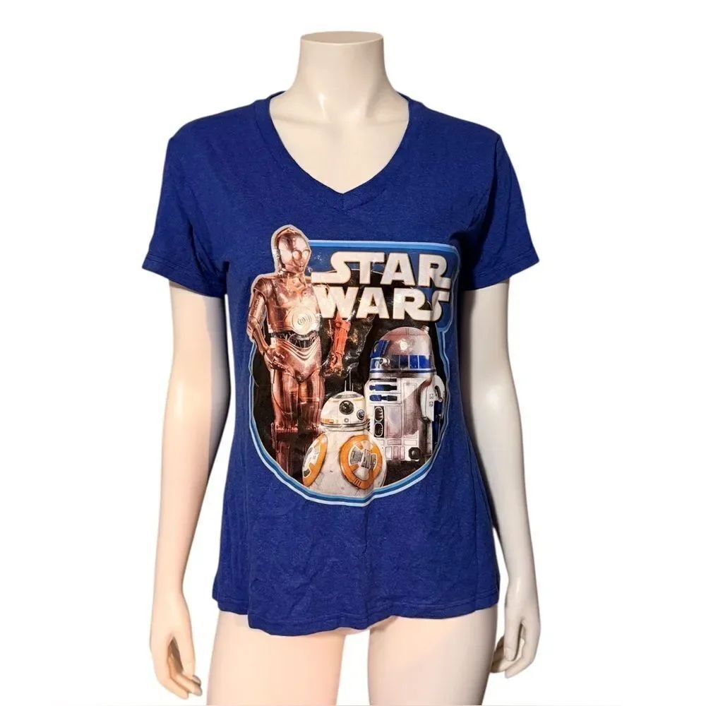 Disney Store Women's Blue Star Wars T-Shirt C3-PO R2D2 V-Neck Large EUC